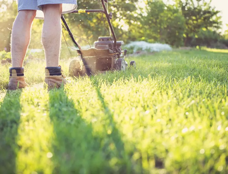Riding mower cutting a residential lawn